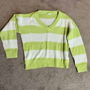 Striped V-Neck Sweater Lime Green and White Medium